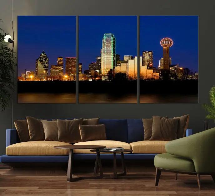 Enhance your space with the Dallas City Lights Night Blue Skyline Cityscape View Wall Art Canvas Print. This stunning triptych, featuring colorful illuminated buildings on museum-quality canvas, promises enduring beauty with its UV-protective coating. Each piece is ready to hang for easy installation.