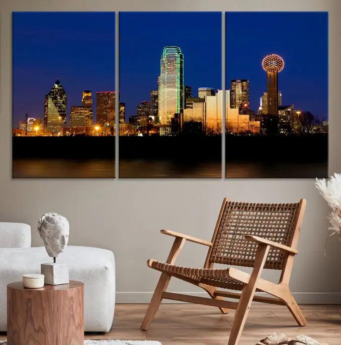 Enhance your space with the Dallas City Lights Night Blue Skyline Cityscape View Wall Art Canvas Print. This stunning triptych, featuring colorful illuminated buildings on museum-quality canvas, promises enduring beauty with its UV-protective coating. Each piece is ready to hang for easy installation.