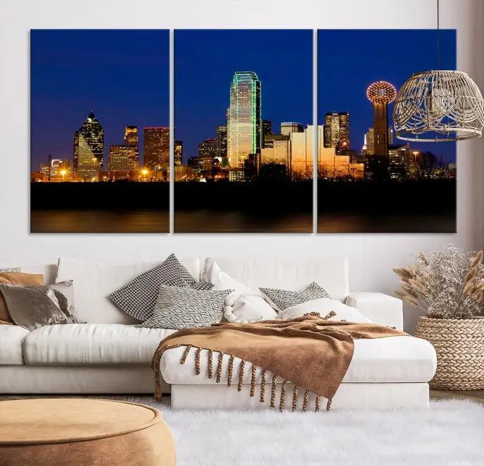 Enhance your space with the Dallas City Lights Night Blue Skyline Cityscape View Wall Art Canvas Print. This stunning triptych, featuring colorful illuminated buildings on museum-quality canvas, promises enduring beauty with its UV-protective coating. Each piece is ready to hang for easy installation.