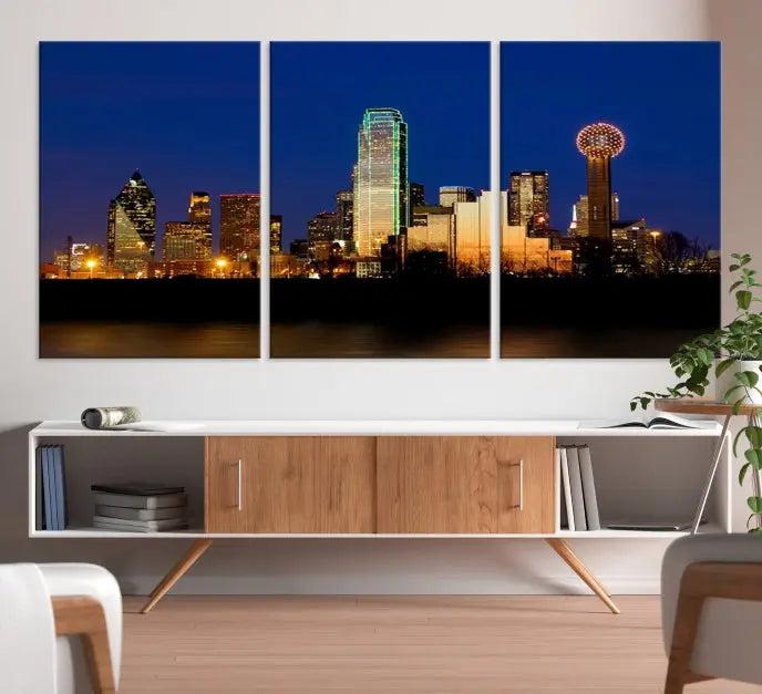 Enhance your space with the Dallas City Lights Night Blue Skyline Cityscape View Wall Art Canvas Print. This stunning triptych, featuring colorful illuminated buildings on museum-quality canvas, promises enduring beauty with its UV-protective coating. Each piece is ready to hang for easy installation.