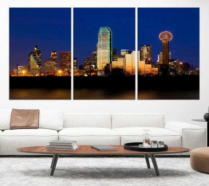 Enhance your space with the Dallas City Lights Night Blue Skyline Cityscape View Wall Art Canvas Print. This stunning triptych, featuring colorful illuminated buildings on museum-quality canvas, promises enduring beauty with its UV-protective coating. Each piece is ready to hang for easy installation.