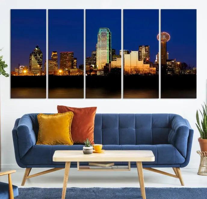 Enhance your space with the Dallas City Lights Night Blue Skyline Cityscape View Wall Art Canvas Print. This stunning triptych, featuring colorful illuminated buildings on museum-quality canvas, promises enduring beauty with its UV-protective coating. Each piece is ready to hang for easy installation.