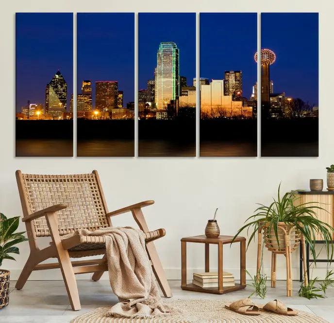 Enhance your space with the Dallas City Lights Night Blue Skyline Cityscape View Wall Art Canvas Print. This stunning triptych, featuring colorful illuminated buildings on museum-quality canvas, promises enduring beauty with its UV-protective coating. Each piece is ready to hang for easy installation.