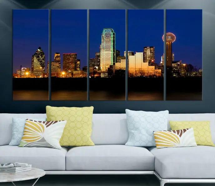 Enhance your space with the Dallas City Lights Night Blue Skyline Cityscape View Wall Art Canvas Print. This stunning triptych, featuring colorful illuminated buildings on museum-quality canvas, promises enduring beauty with its UV-protective coating. Each piece is ready to hang for easy installation.