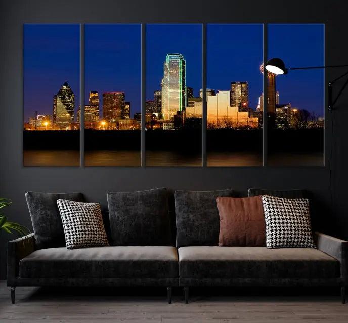 Enhance your space with the Dallas City Lights Night Blue Skyline Cityscape View Wall Art Canvas Print. This stunning triptych, featuring colorful illuminated buildings on museum-quality canvas, promises enduring beauty with its UV-protective coating. Each piece is ready to hang for easy installation.