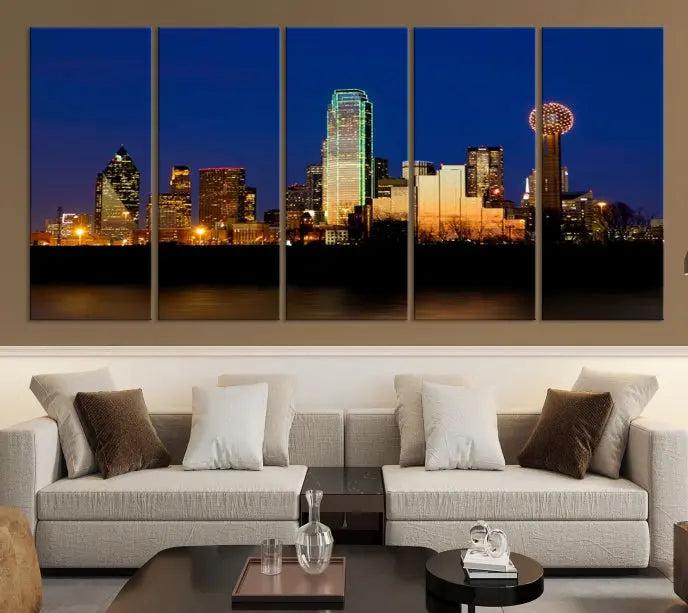 Enhance your space with the Dallas City Lights Night Blue Skyline Cityscape View Wall Art Canvas Print. This stunning triptych, featuring colorful illuminated buildings on museum-quality canvas, promises enduring beauty with its UV-protective coating. Each piece is ready to hang for easy installation.