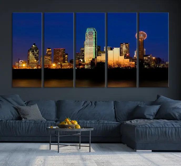 Enhance your space with the Dallas City Lights Night Blue Skyline Cityscape View Wall Art Canvas Print. This stunning triptych, featuring colorful illuminated buildings on museum-quality canvas, promises enduring beauty with its UV-protective coating. Each piece is ready to hang for easy installation.