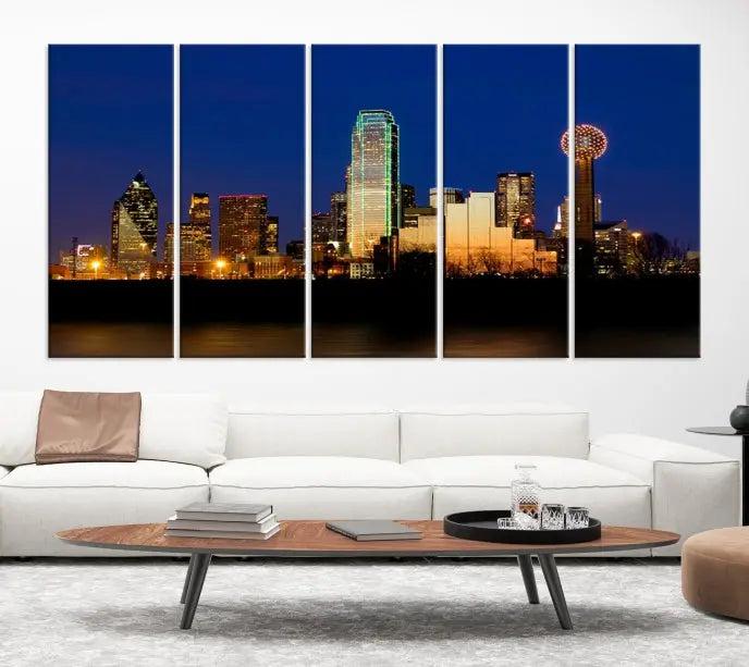 Enhance your space with the Dallas City Lights Night Blue Skyline Cityscape View Wall Art Canvas Print. This stunning triptych, featuring colorful illuminated buildings on museum-quality canvas, promises enduring beauty with its UV-protective coating. Each piece is ready to hang for easy installation.