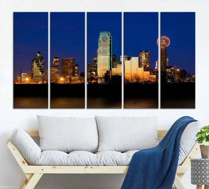 Enhance your space with the Dallas City Lights Night Blue Skyline Cityscape View Wall Art Canvas Print. This stunning triptych, featuring colorful illuminated buildings on museum-quality canvas, promises enduring beauty with its UV-protective coating. Each piece is ready to hang for easy installation.