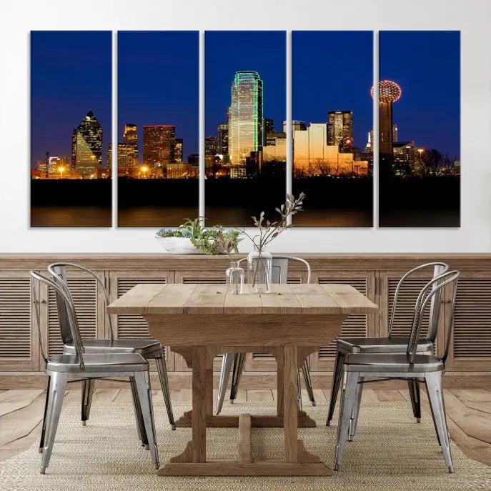 Enhance your space with the Dallas City Lights Night Blue Skyline Cityscape View Wall Art Canvas Print. This stunning triptych, featuring colorful illuminated buildings on museum-quality canvas, promises enduring beauty with its UV-protective coating. Each piece is ready to hang for easy installation.