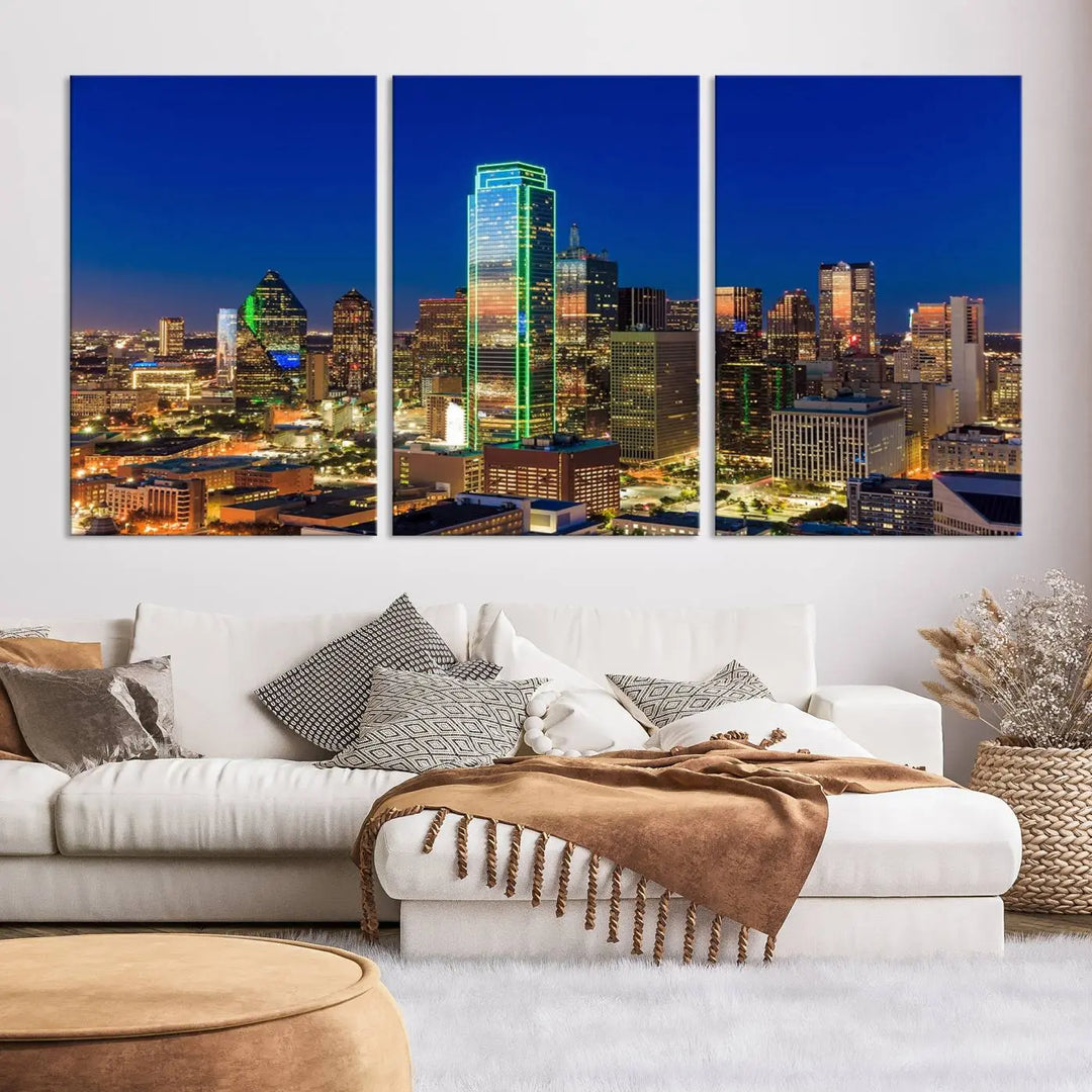 The Dallas City Lights Night Blue Skyline Cityscape View Wall Art Canvas Print is gallery wrapped on museum-quality canvas with a UV-protective coating.