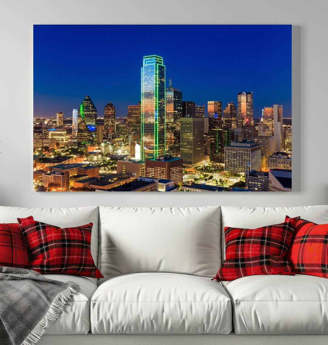 The Dallas City Lights Night Blue Skyline Cityscape View Wall Art Canvas Print is gallery wrapped on museum-quality canvas with a UV-protective coating.