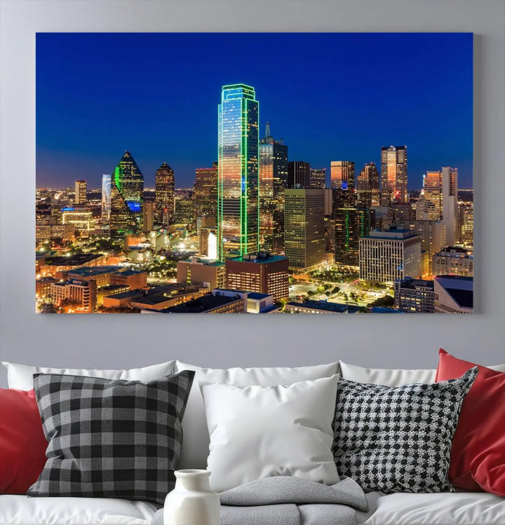 The Dallas City Lights Night Blue Skyline Cityscape View Wall Art Canvas Print is gallery wrapped on museum-quality canvas with a UV-protective coating.