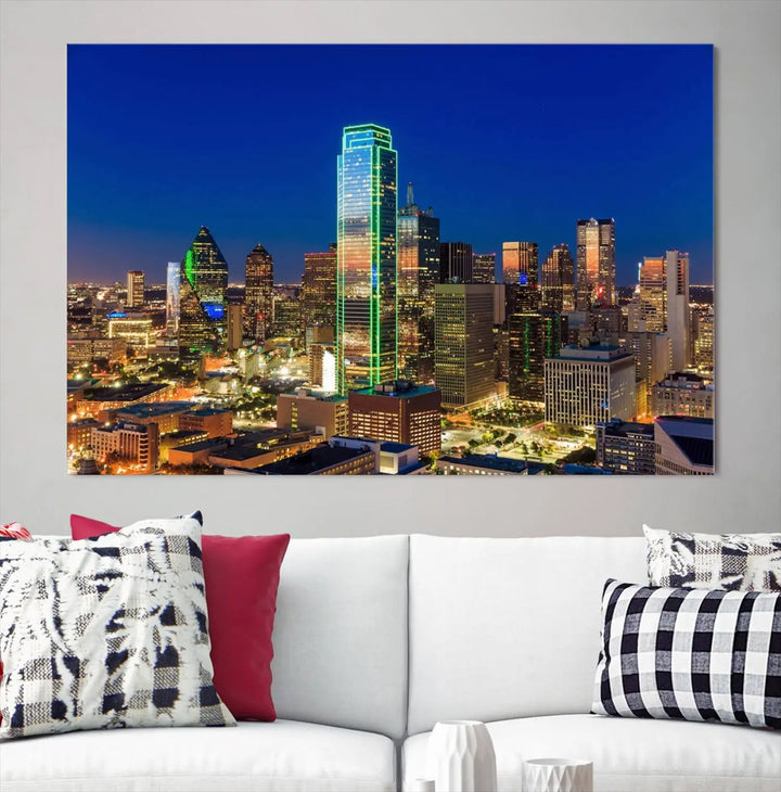 The Dallas City Lights Night Blue Skyline Cityscape View Wall Art Canvas Print is gallery wrapped on museum-quality canvas with a UV-protective coating.