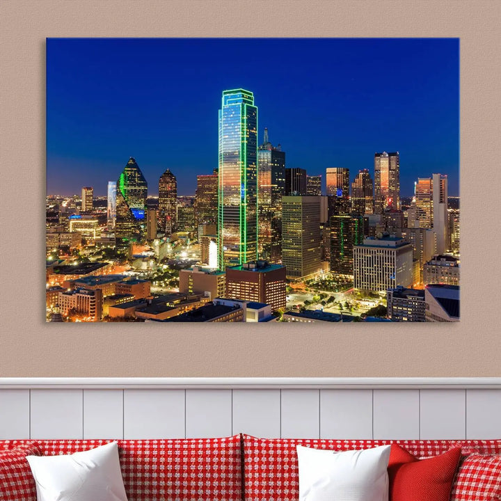 The Dallas City Lights Night Blue Skyline Cityscape View Wall Art Canvas Print is gallery wrapped on museum-quality canvas with a UV-protective coating.