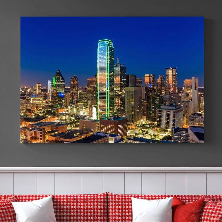 The Dallas City Lights Night Blue Skyline Cityscape View Wall Art Canvas Print is gallery wrapped on museum-quality canvas with a UV-protective coating.