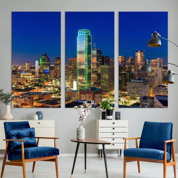 The Dallas City Lights Night Blue Skyline Cityscape View Wall Art Canvas Print is gallery wrapped on museum-quality canvas with a UV-protective coating.