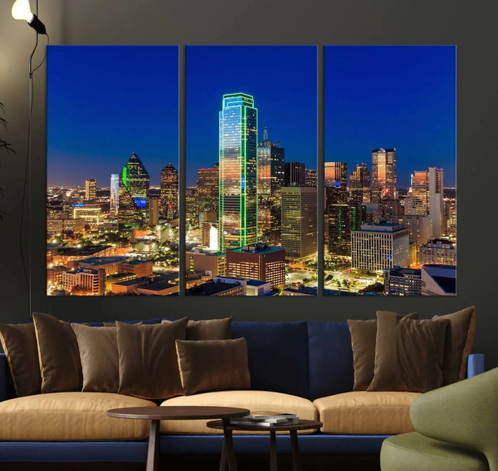 The Dallas City Lights Night Blue Skyline Cityscape View Wall Art Canvas Print is gallery wrapped on museum-quality canvas with a UV-protective coating.