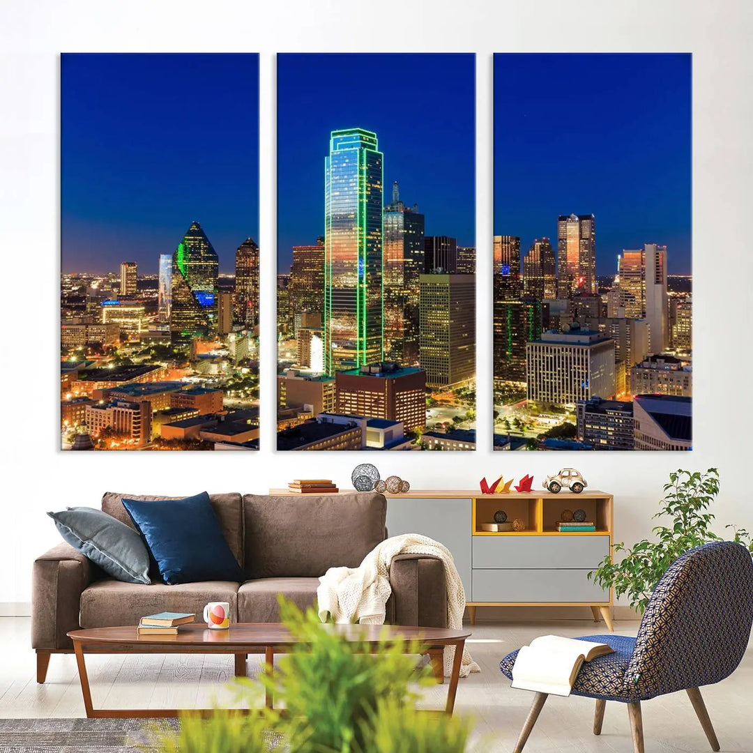 The Dallas City Lights Night Blue Skyline Cityscape View Wall Art Canvas Print is gallery wrapped on museum-quality canvas with a UV-protective coating.