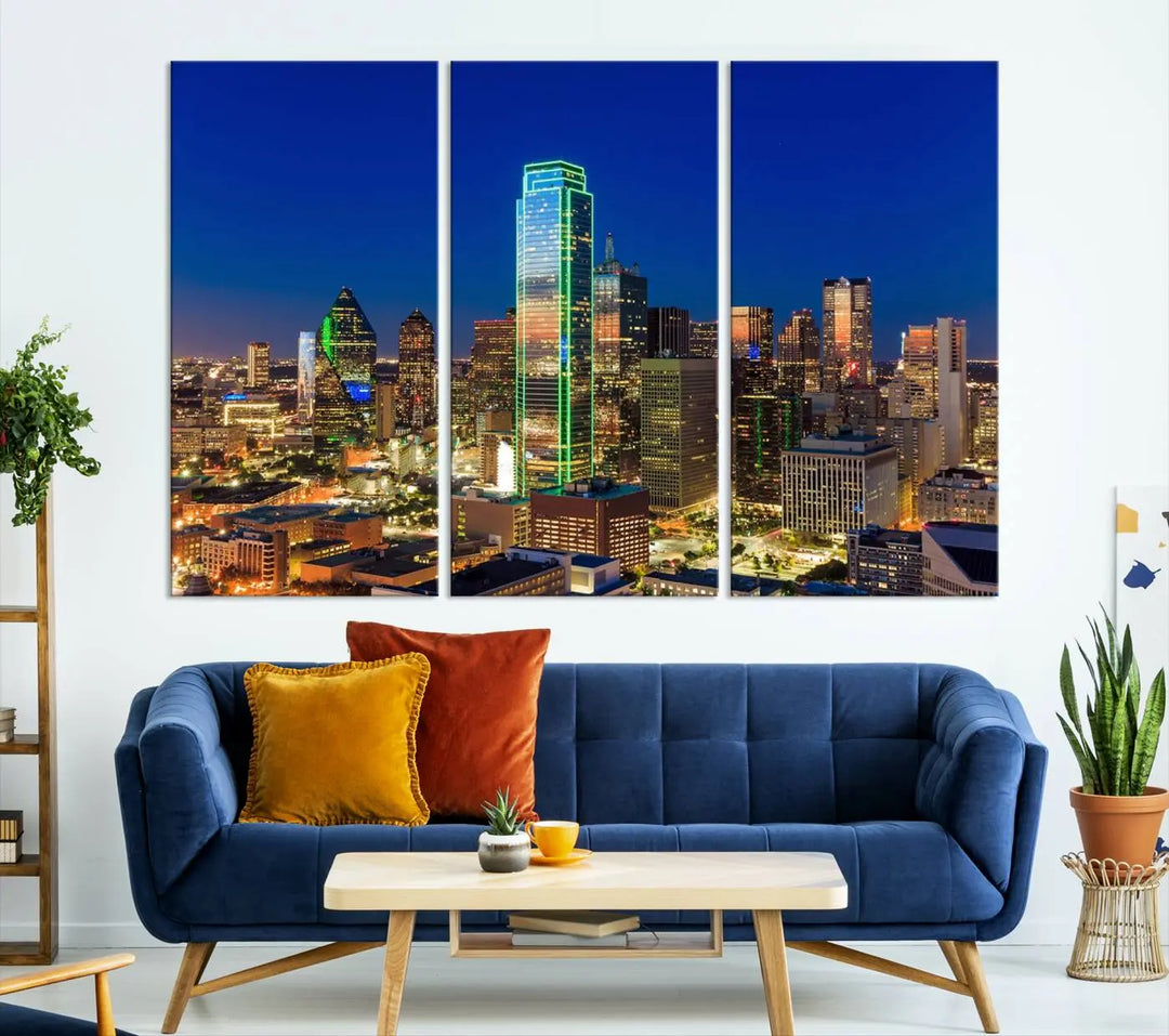 The Dallas City Lights Night Blue Skyline Cityscape View Wall Art Canvas Print is gallery wrapped on museum-quality canvas with a UV-protective coating.