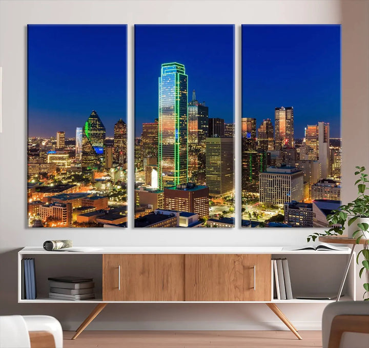 The Dallas City Lights Night Blue Skyline Cityscape View Wall Art Canvas Print is gallery wrapped on museum-quality canvas with a UV-protective coating.