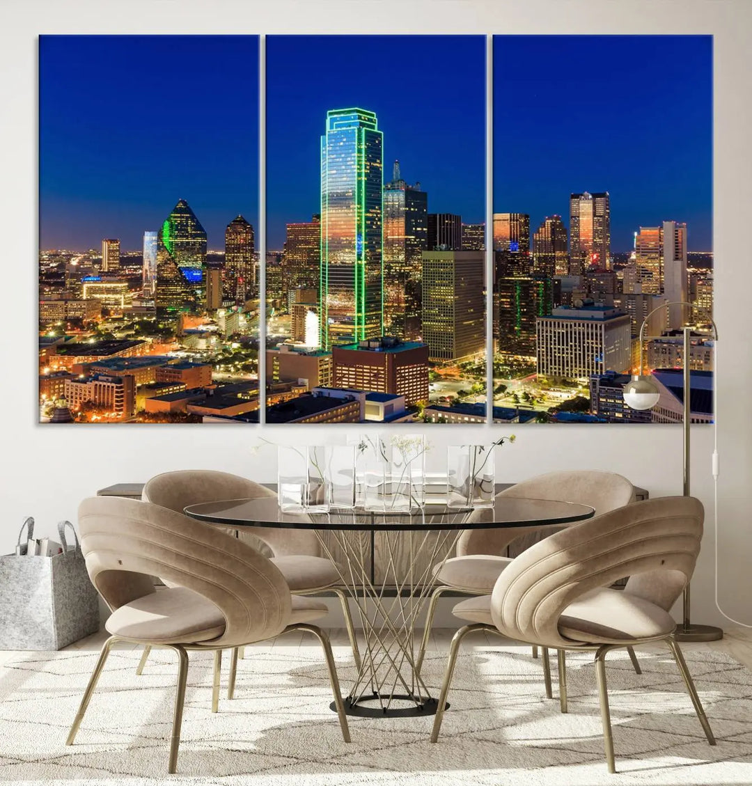 The Dallas City Lights Night Blue Skyline Cityscape View Wall Art Canvas Print is gallery wrapped on museum-quality canvas with a UV-protective coating.