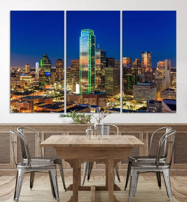 The Dallas City Lights Night Blue Skyline Cityscape View Wall Art Canvas Print is gallery wrapped on museum-quality canvas with a UV-protective coating.