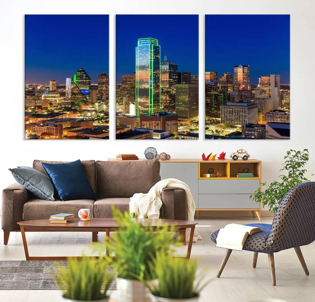 The Dallas City Lights Night Blue Skyline Cityscape View Wall Art Canvas Print is gallery wrapped on museum-quality canvas with a UV-protective coating.