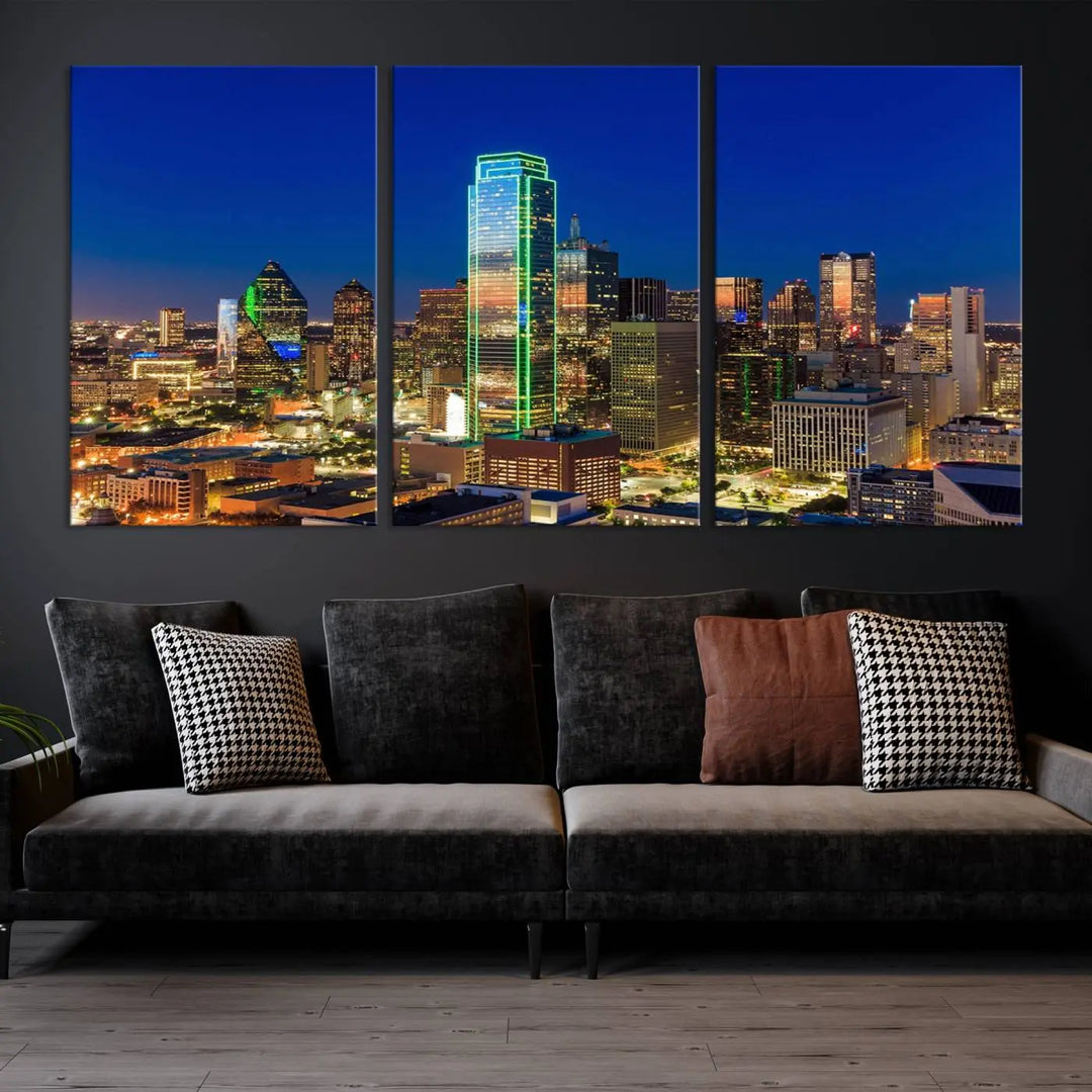 The Dallas City Lights Night Blue Skyline Cityscape View Wall Art Canvas Print is gallery wrapped on museum-quality canvas with a UV-protective coating.