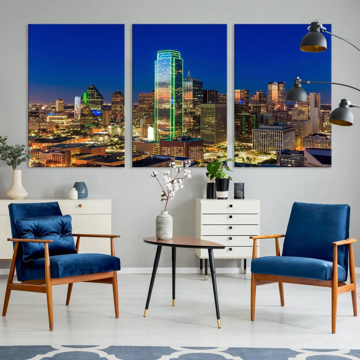 The Dallas City Lights Night Blue Skyline Cityscape View Wall Art Canvas Print is gallery wrapped on museum-quality canvas with a UV-protective coating.