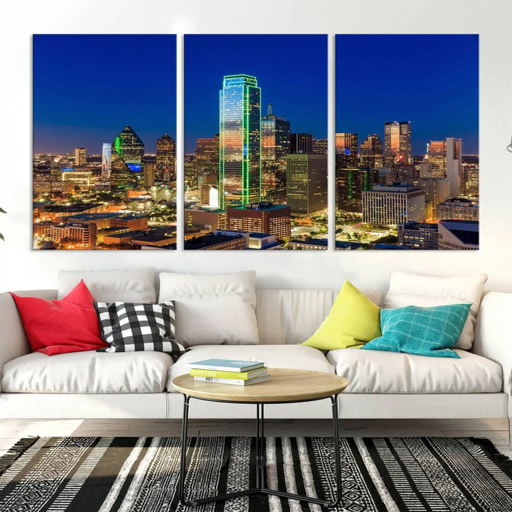 The Dallas City Lights Night Blue Skyline Cityscape View Wall Art Canvas Print is gallery wrapped on museum-quality canvas with a UV-protective coating.