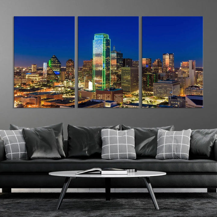 The Dallas City Lights Night Blue Skyline Cityscape View Wall Art Canvas Print is gallery wrapped on museum-quality canvas with a UV-protective coating.