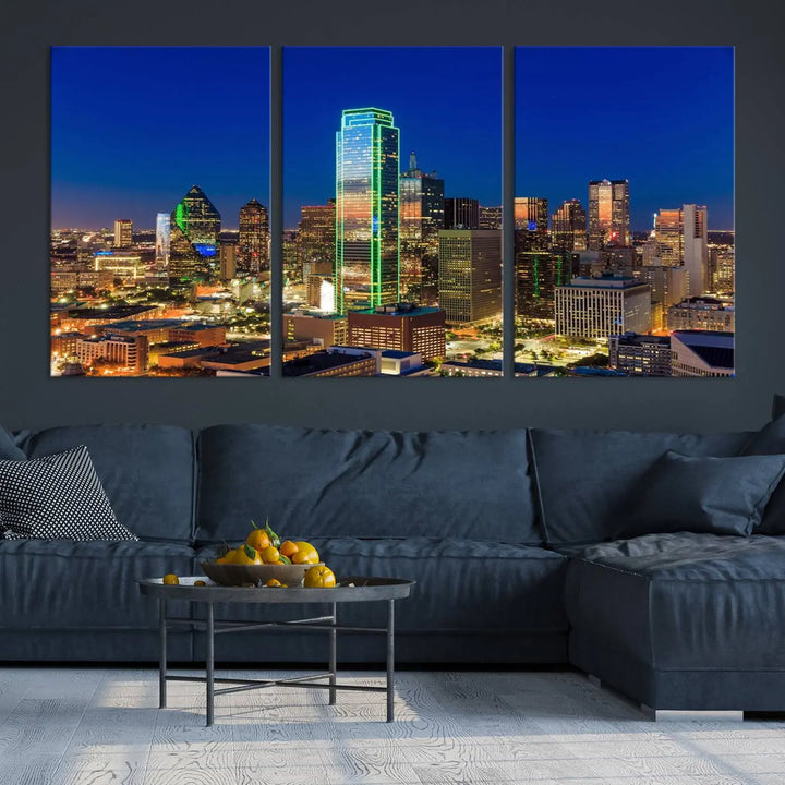 The Dallas City Lights Night Blue Skyline Cityscape View Wall Art Canvas Print is gallery wrapped on museum-quality canvas with a UV-protective coating.