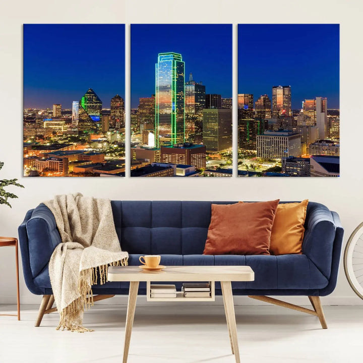 The Dallas City Lights Night Blue Skyline Cityscape View Wall Art Canvas Print is gallery wrapped on museum-quality canvas with a UV-protective coating.