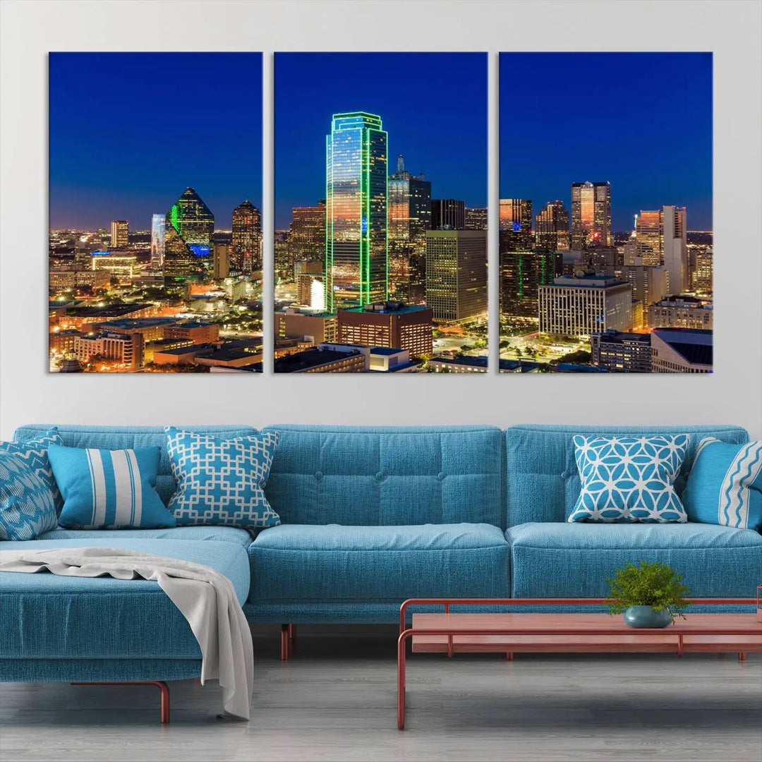 The Dallas City Lights Night Blue Skyline Cityscape View Wall Art Canvas Print is gallery wrapped on museum-quality canvas with a UV-protective coating.