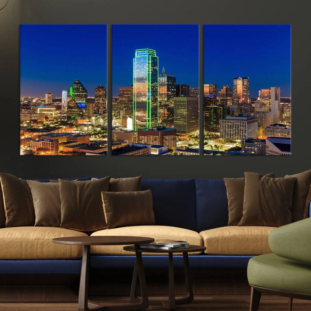 The Dallas City Lights Night Blue Skyline Cityscape View Wall Art Canvas Print is gallery wrapped on museum-quality canvas with a UV-protective coating.