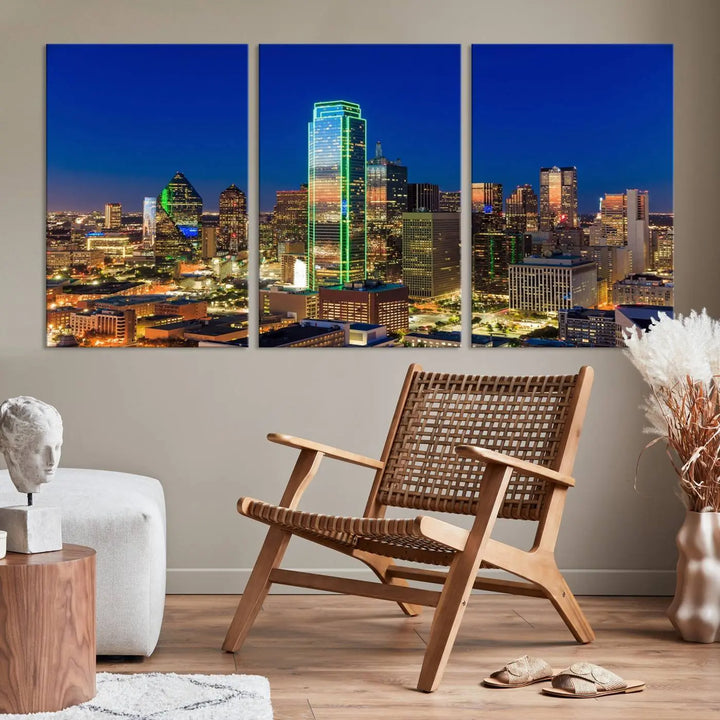 The Dallas City Lights Night Blue Skyline Cityscape View Wall Art Canvas Print is gallery wrapped on museum-quality canvas with a UV-protective coating.