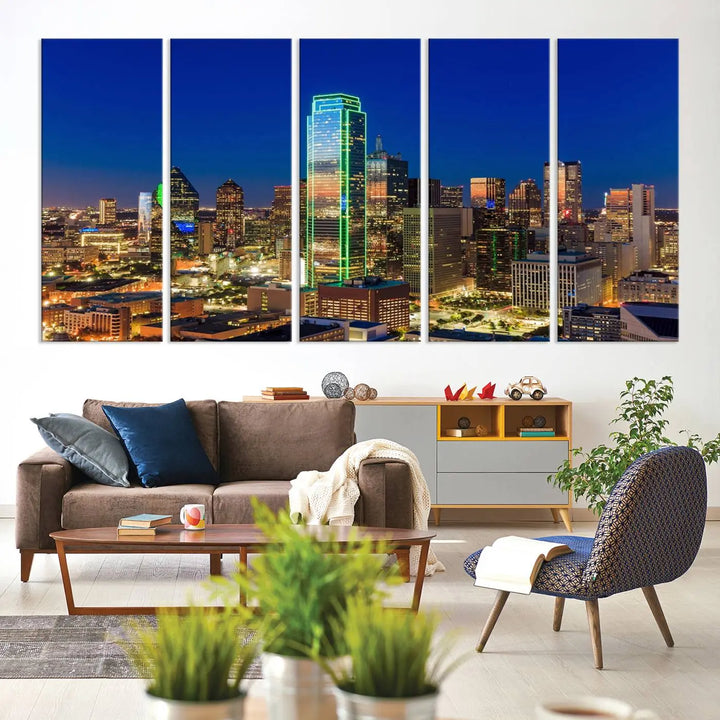 The Dallas City Lights Night Blue Skyline Cityscape View Wall Art Canvas Print is gallery wrapped on museum-quality canvas with a UV-protective coating.