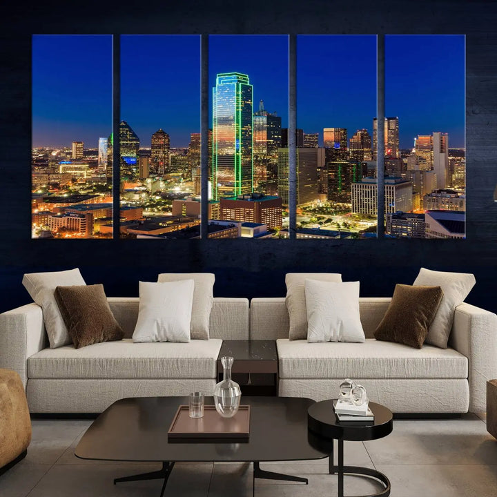 The Dallas City Lights Night Blue Skyline Cityscape View Wall Art Canvas Print is gallery wrapped on museum-quality canvas with a UV-protective coating.