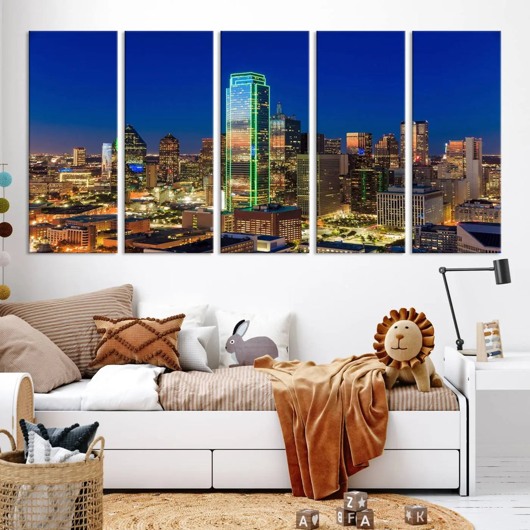 The Dallas City Lights Night Blue Skyline Cityscape View Wall Art Canvas Print is gallery wrapped on museum-quality canvas with a UV-protective coating.