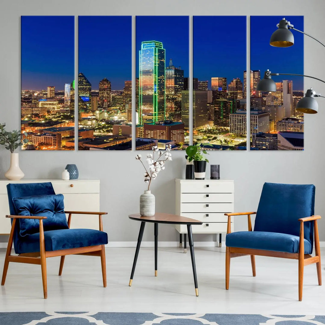 The Dallas City Lights Night Blue Skyline Cityscape View Wall Art Canvas Print is gallery wrapped on museum-quality canvas with a UV-protective coating.