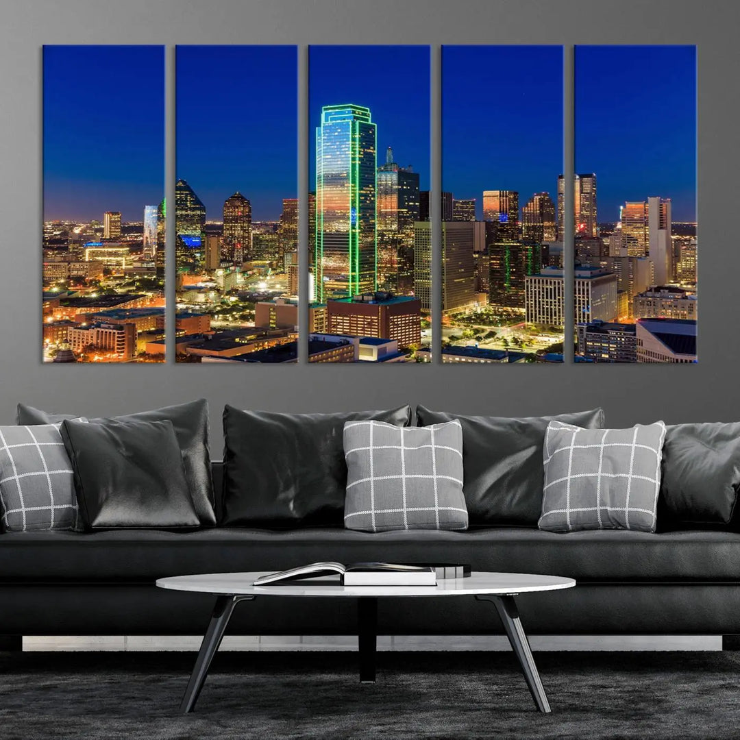 The Dallas City Lights Night Blue Skyline Cityscape View Wall Art Canvas Print is gallery wrapped on museum-quality canvas with a UV-protective coating.