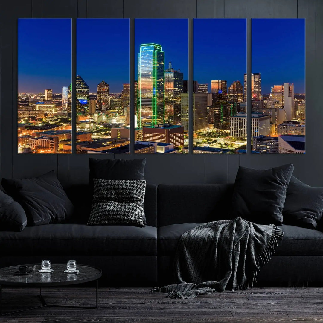 The Dallas City Lights Night Blue Skyline Cityscape View Wall Art Canvas Print is gallery wrapped on museum-quality canvas with a UV-protective coating.