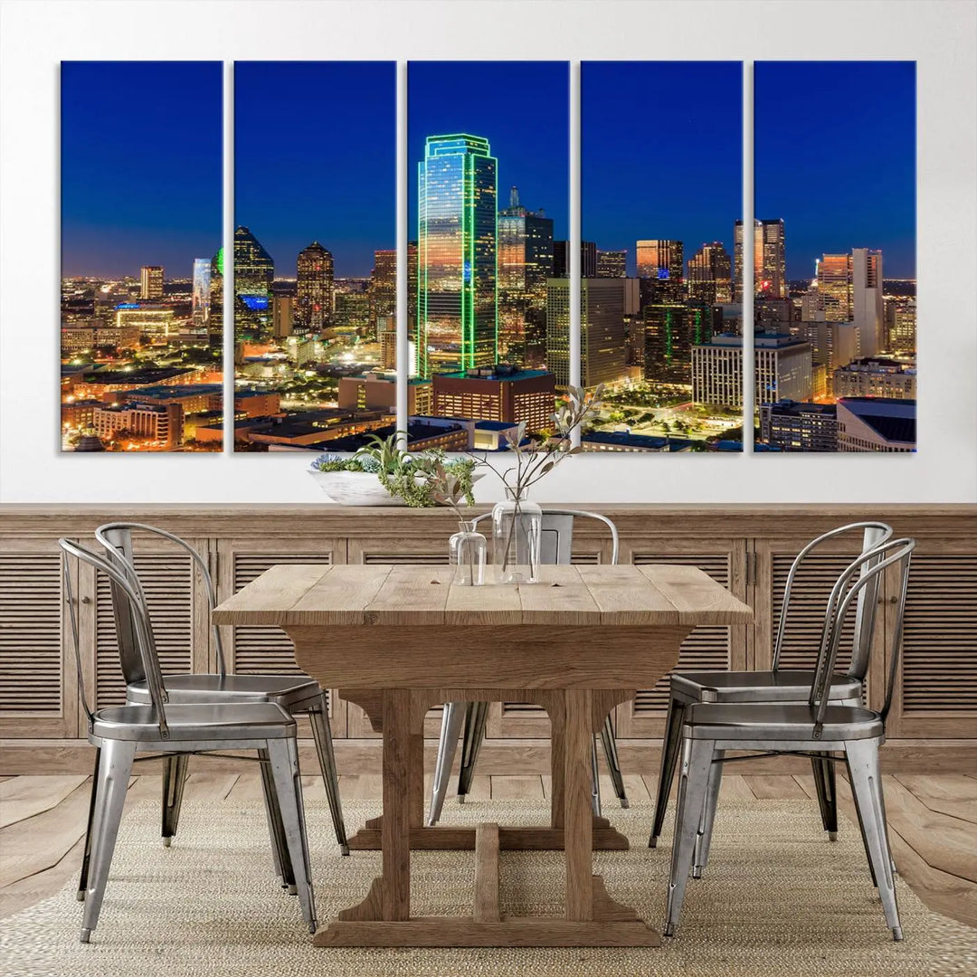 The Dallas City Lights Night Blue Skyline Cityscape View Wall Art Canvas Print is gallery wrapped on museum-quality canvas with a UV-protective coating.