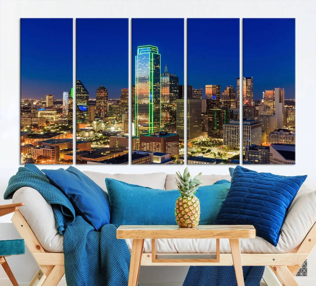 The Dallas City Lights Night Blue Skyline Cityscape View Wall Art Canvas Print is gallery wrapped on museum-quality canvas with a UV-protective coating.