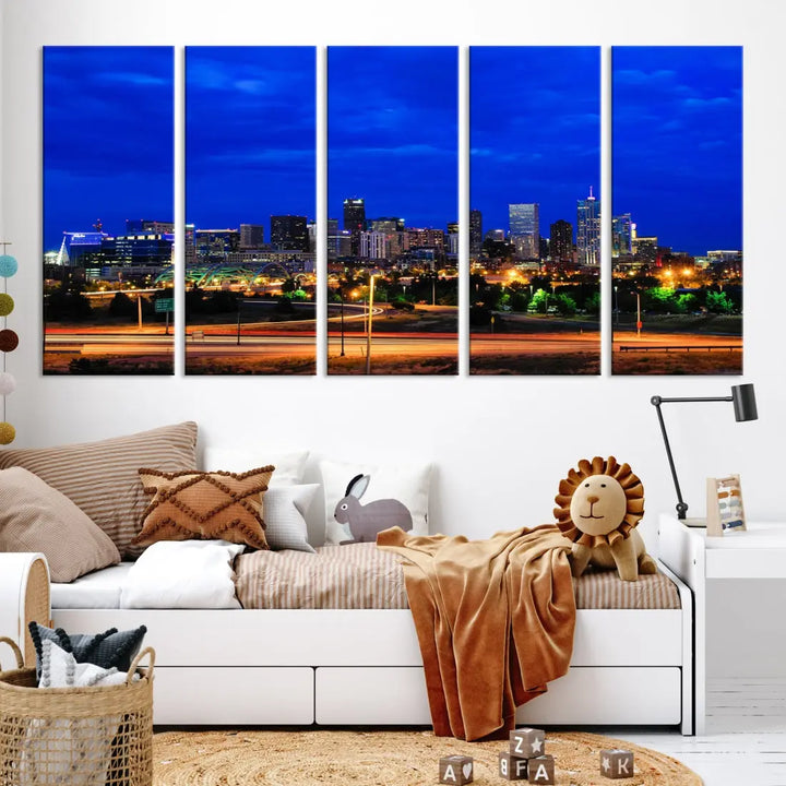 An inviting room features the "Dallas City Lights Night Bright Blue Skyline Cityscape View Wall Art Canvas Print," elegantly suspended and basking in soft lighting.