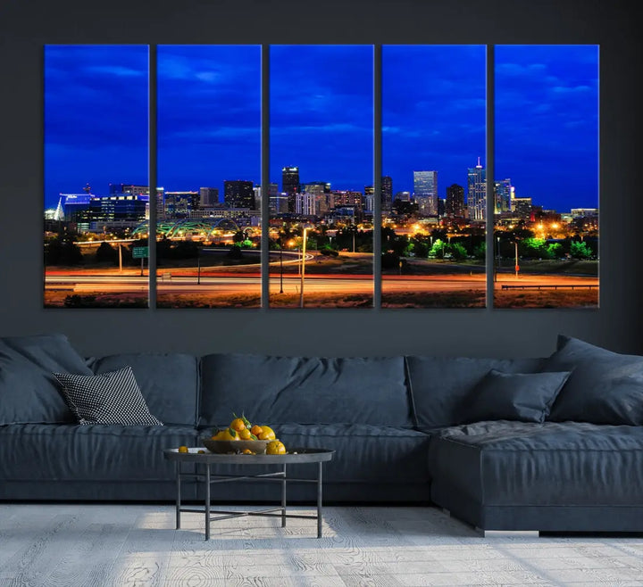 An inviting room features the "Dallas City Lights Night Bright Blue Skyline Cityscape View Wall Art Canvas Print," elegantly suspended and basking in soft lighting.