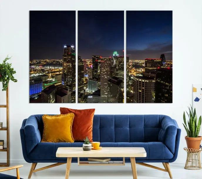 Modern living room featuring the Dallas City Lights Night Cloudy Skyline Cityscape View Wall Art Canvas Print, showcasing a vibrant nighttime skyline.