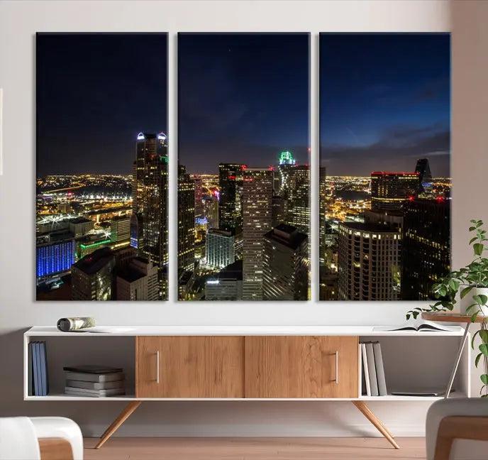 Modern living room featuring the Dallas City Lights Night Cloudy Skyline Cityscape View Wall Art Canvas Print, showcasing a vibrant nighttime skyline.