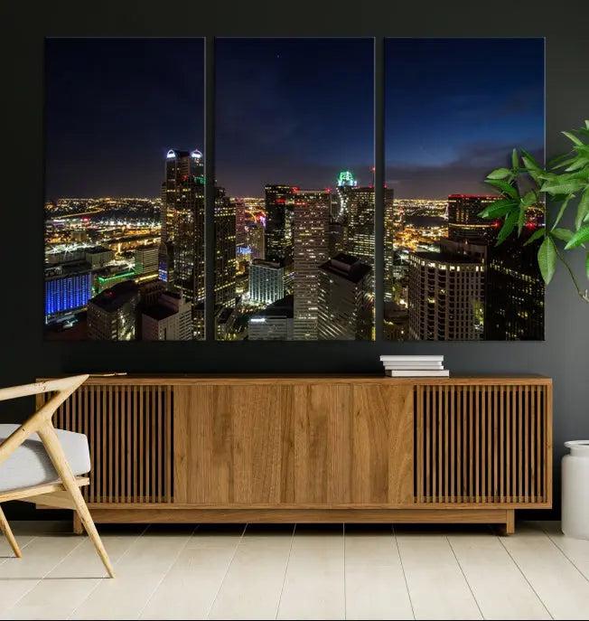 Modern living room featuring the Dallas City Lights Night Cloudy Skyline Cityscape View Wall Art Canvas Print, showcasing a vibrant nighttime skyline.